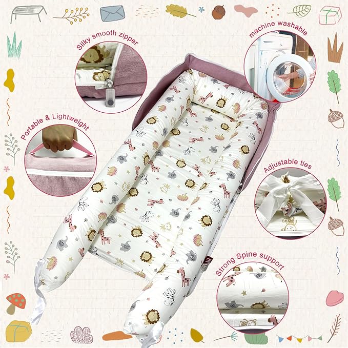 Baby Lounger, Foldable Portable Infant Lounger, Baby Nest Cover, Suitable for 0-24 Months Newborn Baby Lounger,Home Travel Dual-Purpose Baby Nest（Pink Zoo）