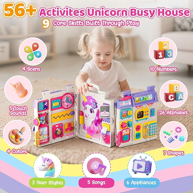 Nicella Busy Board for 1 Year Old Girl Gifts, Montessori Toys for 1 2 Year Old - 56+ Activities Bilingual Music Learning Sensory Toys for Toddlers 1-3 - Birthday Gift for 1+ Year Old Girl Boy