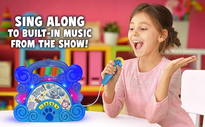 eKids Blues Clues Toy Sing Along Boombox for Kids, Musical Toy for Toddlers, Kids Boombox with Microphone and Built-in Music, Connects to Mp3 Player Aux in Audio Device