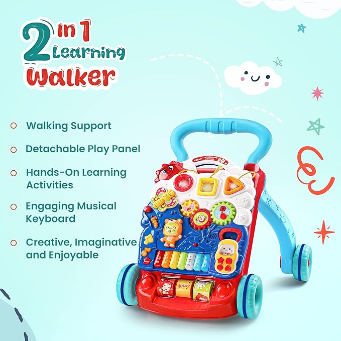 YOLAY Baby Push Walker for Baby Boy and Girl 6-12 Months, Baby Walker with Wheels Safety Knob & Weight Balancing Water Tank, Sit to Stand Detachable Early Learning Activity Center for Kids - Blue