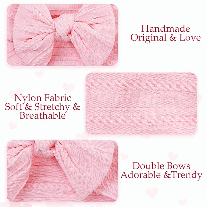 baotongle 3pcs Baby Girls Headbands Soft Stretchy Nylon Hair Bands Hair Accessories with Bows for Newborn Baby Girls Infant Toddlers Kids(Light Pink,Deep Pink,Red, 5.7inches)