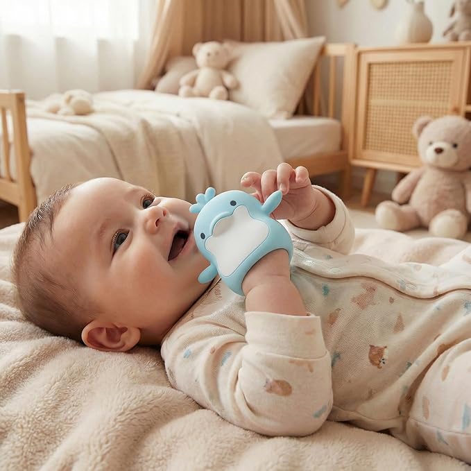 Baby Teething Toys for 3-6 Months Silicone Teething Mittens for Babies Food Grade Silicone Teether (Dolphin Ocean Blue)
