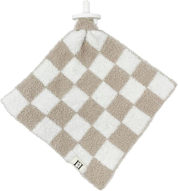 L+L USA Checkered Baby Lovey Pacifier/Teether Holder 10"x10" - DreamSoft Plush Fluffy Cuddly Soothie Reversible Mini Comfort Blanket - Cute Newborn Gift Essential Babies Boys Girls (Tan/White)