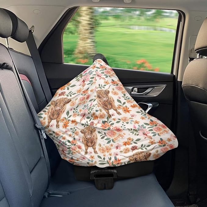 AFPANQZ Highland Cow Flowers Baby Car Seat Covers Cozy for Girls Boys Multifunctional Infant Car Seat Canopy Nursing Cover High Chair Cover Full Coverage Breathable Covers