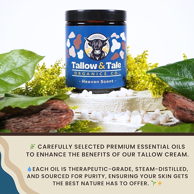 Tallow And Tale Grass-Fed & Finished Organic Tallow Cream | Face & Body Moisturizer | For Sensitive, Dry & Irritated Skin (8 OZ, Heaven Scent - Tea Tree & Rosemary)