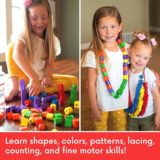 Wooden Lacing Beads for Toddlers 1-3 & 3-5 – 125 PCS with Storage Tub | Stringing Beads for Toddlers 1-3 & Fine Motor Skills Toy for Hand-Eye Coordination & Color Sorting