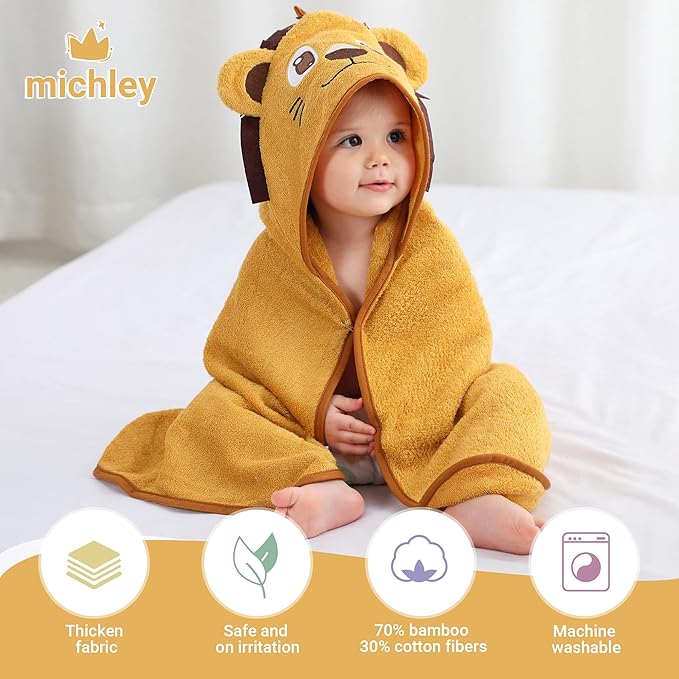MICHLEY Bamboo Viscose Baby Hooded Bath Towel for Boys and Girls, 29.5 x 29.5 Inch Ultra-Soft and Quick-Drying Infant Bathrobe (Lion)