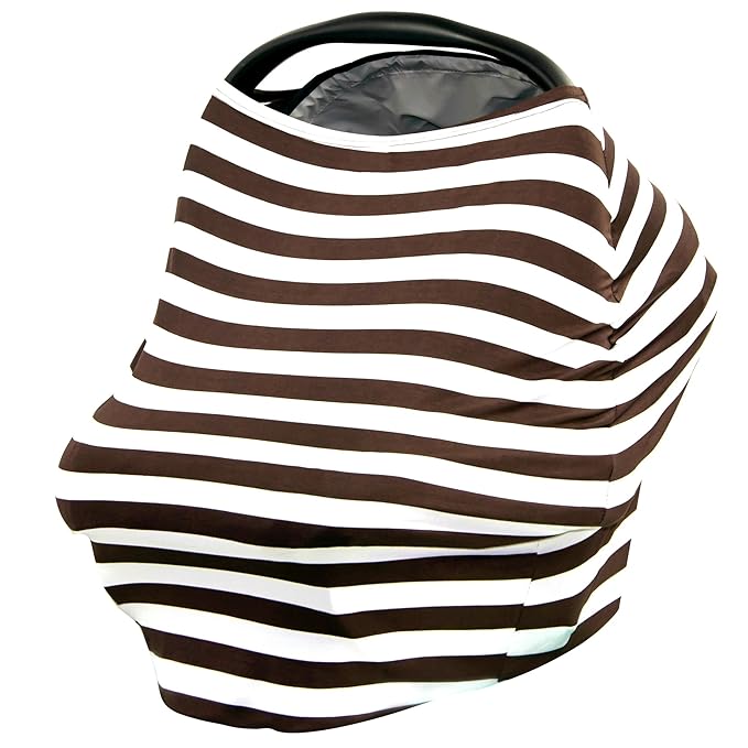 JLIKA Stretchy Infant Canopy Baby Car Seat Covers and Nursing Cover Best Gift Maternity Apron Infinity Scarf Stripes Print Summer girl boy 360 coverage fits all newborn carseats Chocolate White Stripe