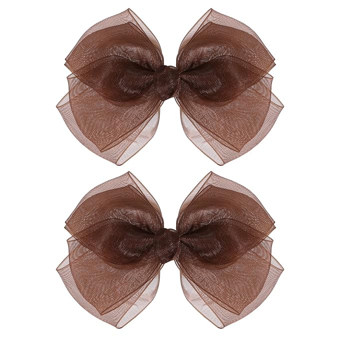 Brown Mesh Hair Bows Alligator Clip 4" Organza Double Tulle Bow Hair Barrettes Pins Happy Fall Thanksgiving Dress Outfit Decoration Accessory Gift for Teens Toddler Girls Kid Child
