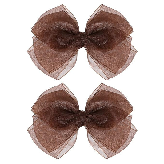 Brown Mesh Hair Bows Alligator Clip 4" Organza Double Tulle Bow Hair Barrettes Pins Happy Fall Thanksgiving Dress Outfit Decoration Accessory Gift for Teens Toddler Girls Kid Child