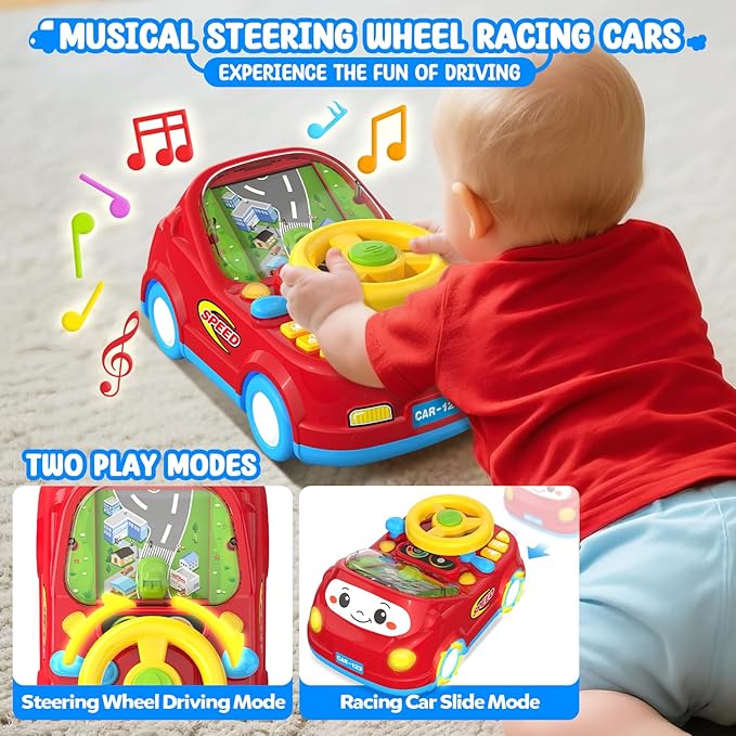 Toys for 1 Year Old Boy Gifts - 2-in-1 Toddler Push Car & Musical Racing Adventure Steering Wheel Driving Game, Interactive Simulated Driving Car for Baby 12-18 Months, Birthday Gift Ages 1-2, Red