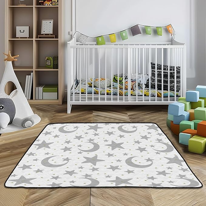 Baby Play Mat Stars Moon Pastel Grey 50 x 50 Playpen Mats for Floor Play Gym Crawling Mat Non-Slip Cushioned Baby Playmat for Infants, Babies, Toddlers