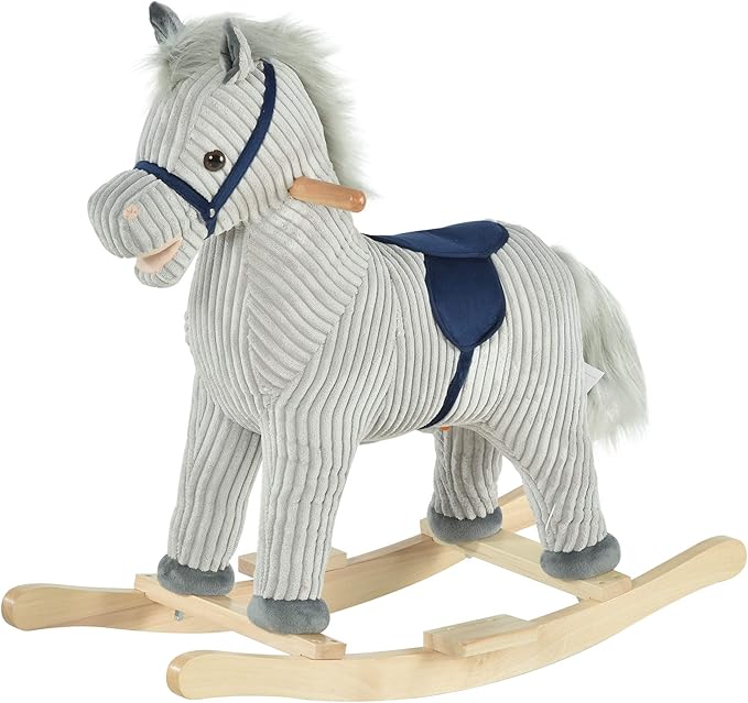 Qaba Kids Rocking Horse for Toddler 3-5, Plush Ride on Horse Wooden Rocker with Realistic Sounds, Gray