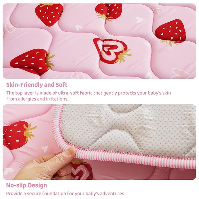 Viviland Baby Play Mats for Floor, Thicken Cushioning Padding Foam Playmate for Baby and Toddlers Infants, 71" x 59" Playpen Mat, Non-Slip & Machine Washable - Pink Strawberry