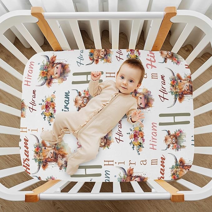 Customized Pack and Play Sheets with Monogram Name, Personalized Highland Cow Cattle Mini Crib Mattress Fitted Sheets for Baby Girls Boys, Soft Breathable Pack n Play Playard Playpen Sheet