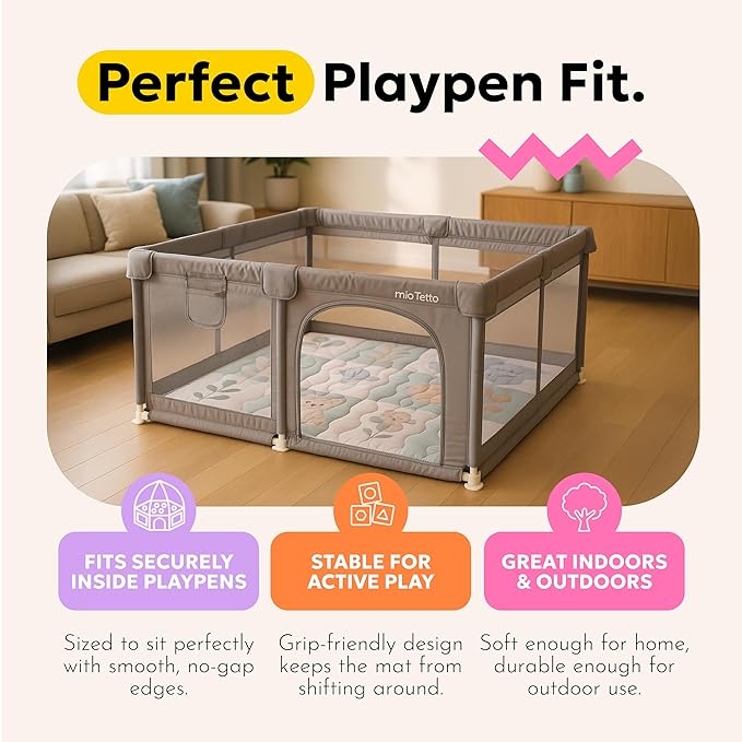 MioTetto Baby Mat for Floor, 50" x 50" Playpen Mat, Thick Soft Foam Padding Baby Play Mat, Portable Quilted playmat - Washable Baby Floor Play mat, Non-Slip Play Mat for Babies & Toddlers