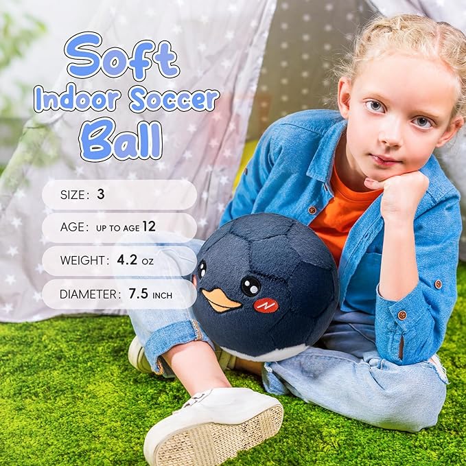 VangeBow Silent Indoor Soccer Balls for Toddlers, Inflatable Soft Plush Baby Toddler Soccer Ball Toys Gifts for 0+Year Old Boy Girl First Birthday Gift (Black Penguin, Pump Include)