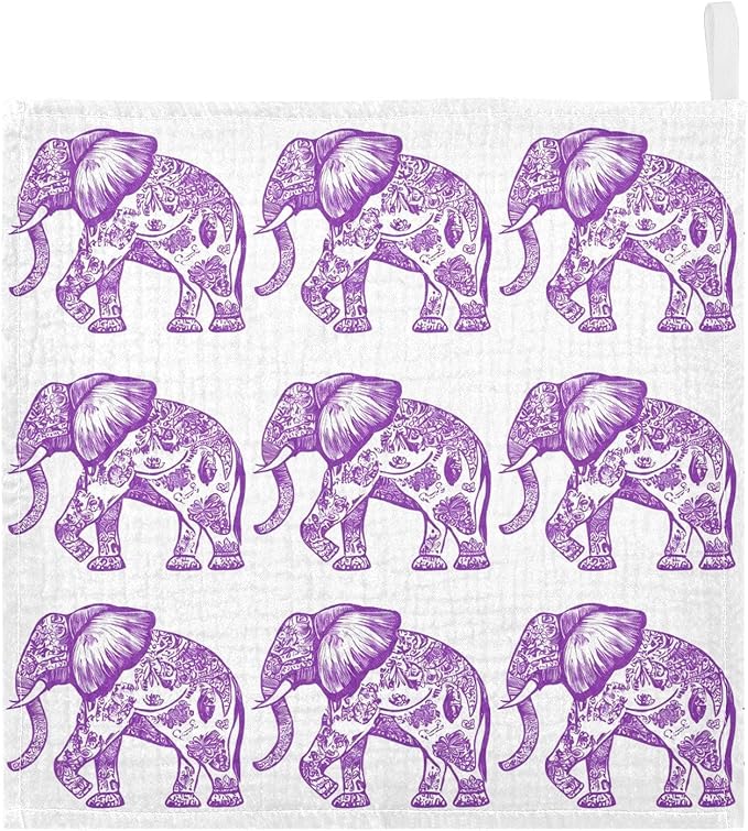 vvfelixl Baby Muslin Washcloths Purple Outline Elephant Baby Burp Cloths Cotton Babys Face Towel for Newborn Infants Boys Girls Soft and Absorbent 11.8 X 11.8 in, 3 Pack