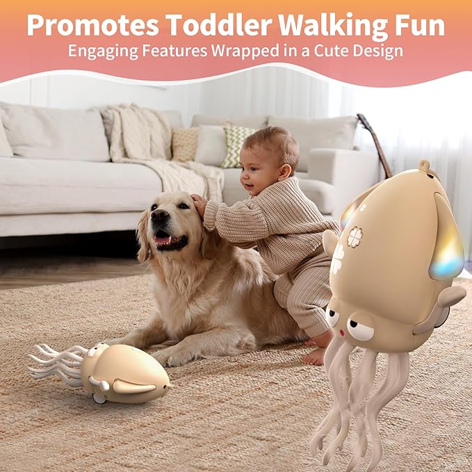 Interactive Dancing Octopus Toy,LED Light-Up Music Crawling Squid with Smart Obstacle Avoidance & Fishing Rod,Tummy Time Baby Toy,Musical Toy for 3 4 5 6 Year Old Boys and Girls(Off-White)