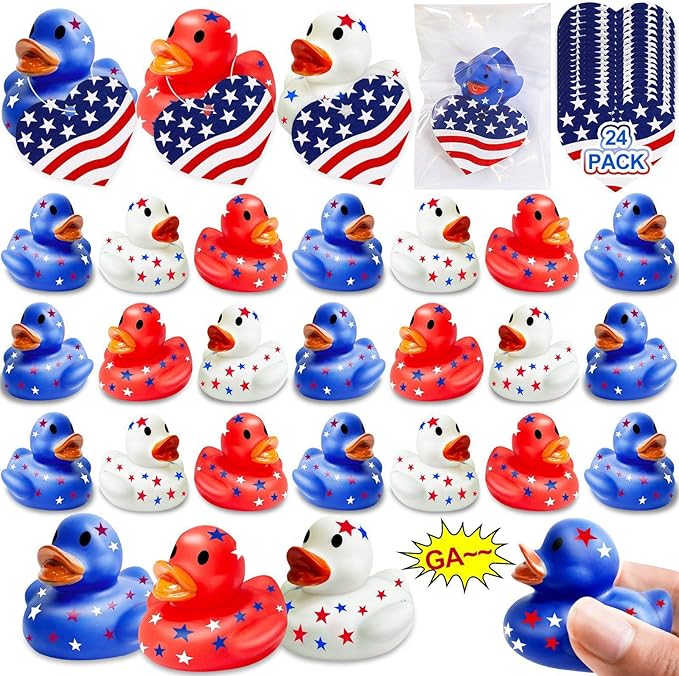 24 Pack 2'' Patriotic Rubber Ducks with Cards 4th of July Party Favors 250th Anniversary Baby Bath Toys Mini Duck Squeeze Squeak Summer Beach Pool Fourth July Supplies Red White Blue Gift Memorial Day