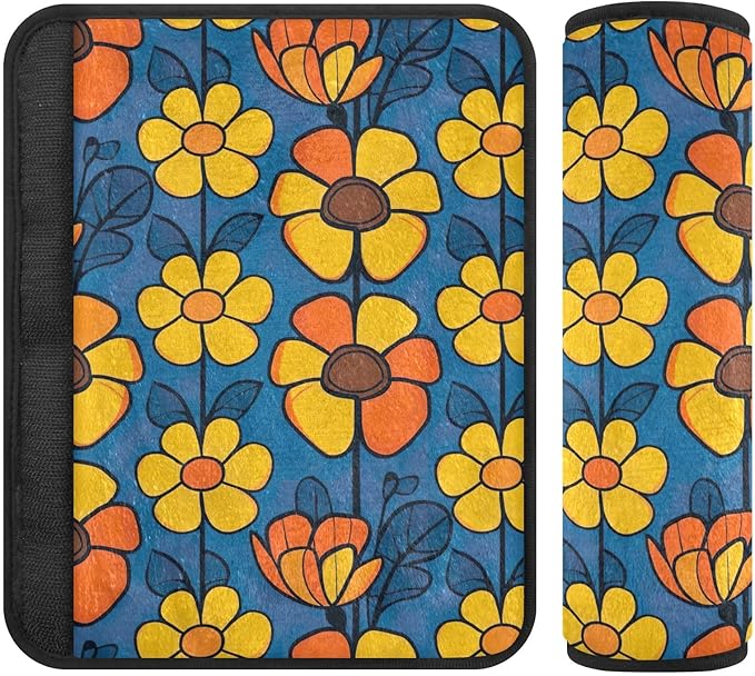 CHIFIGNO Blue and Yellow Hipper Flowers Car Seat Belt Covers Pack of 2 Soft Seat Belt Cushion Cover Shoulder Pad Auto Interior Accessories for Car Bag