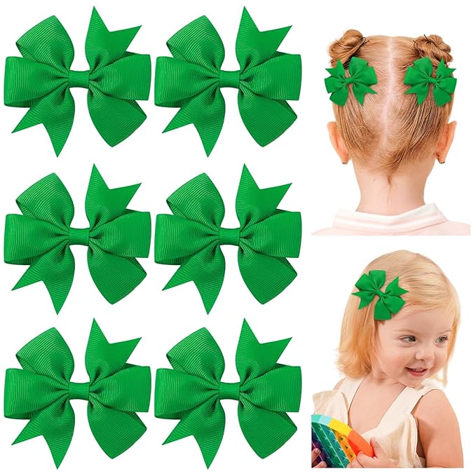 choicbaby 6pcs St. Patrick's Day Hair Bows for Girls 3” Green Grosgrain Ribbon Bows with Alligator Clips Lucky Toddler Hair Accessories for Baby Toddler Kids Birthday Holiday