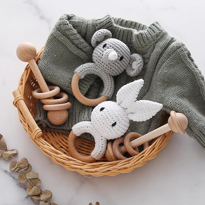 Crochet Elephant and Wooden Animal Rattle Set for Newborns, Baby Wooden Rattle Toy 2PCS