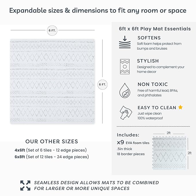 Little Landings Baby Play Mat for Floor - Boho (6x6ft) - Premium EVA Foam Play Mat for Babies & Toddlers (Ages 0-5+) - Non-Toxic Playmat for Tummy Time, Crawling & Playroom - Stylish & Comfortable