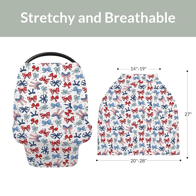 American Flag Bows Stars Car Seat Cover for Baby Patriotic Ribbons Stretchy 5-in-1 Cover Adjustable Car Canopy Cover Cute 4th of July Bows Breathable Nursing Cover-Up