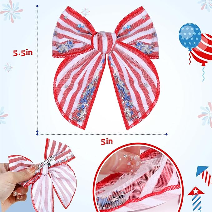 CN 6PCS 4th of July Tulle Hair Bows for Girls, American Flag Bows, Blue Red Stripes Hair Accessories Clips with Glitter Patriotic Stars Alligator Toddler Girls for Independence Day (Type I)