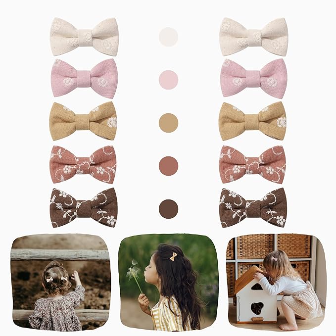 10 PCS 2'' Baby Hair Bow Clips Set Handmade Fully Lined Alligator Clips Floral Embroidered Cotton Fabric Gental for Baby Girls Toddler Fine Hair (Autumn)