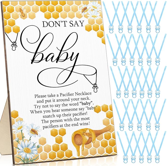 Geetery 51 Pcs Don't Say Baby Game Sign Cool Baby Shower Game 50 Pacifier Necklace Wooden Don't Say Sign Plastic Pacifier Party Favor for Gender Reveal(Bee,Blue)