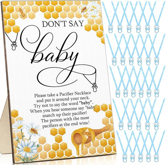 Geetery 51 Pcs Don't Say Baby Game Sign Cool Baby Shower Game 50 Pacifier Necklace Wooden Don't Say Sign Plastic Pacifier Party Favor for Gender Reveal(Bee,Blue)
