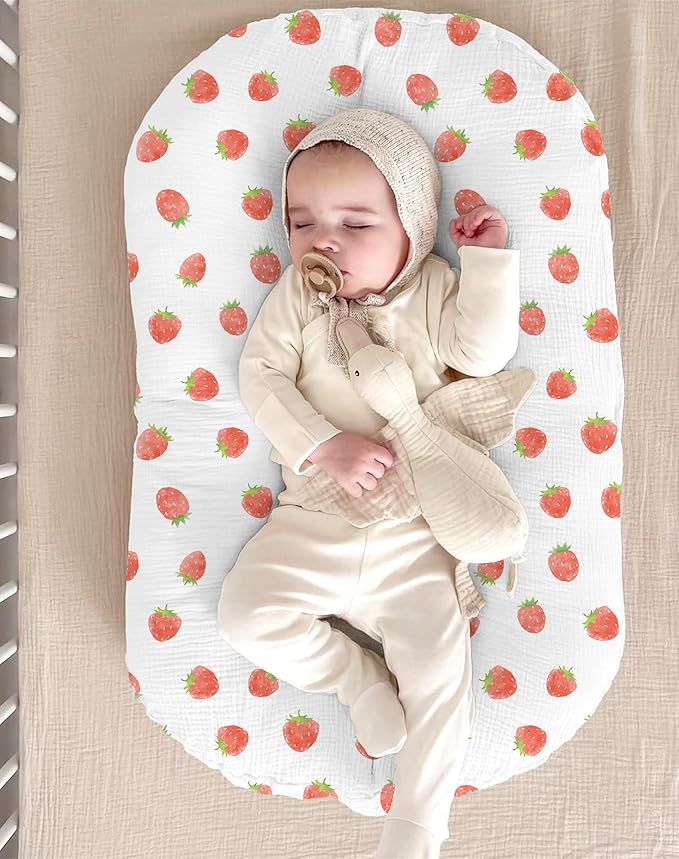 Muslin Baby Lounger Cover 2 Pack, Soft Breathable Newborn Lounger Pillow Cover for Boys Girls Infant (Strawberry & Pale Pink)