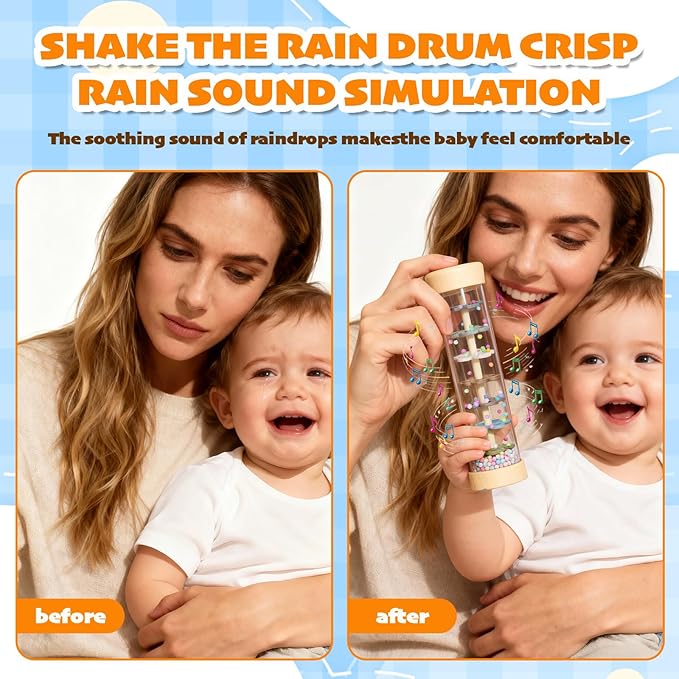 Rain Stick Baby Toy, Montessori Baby Toys for 6–12 Months & 1 Year Old, Wooden Sensory Baby Rattle with Rainmaker Sound, Gentle Shake Volume Control & Extended Play Time – Infant Musical Toy