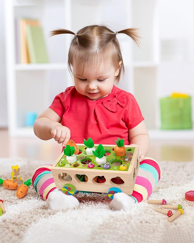Coogam Montessori Fine Motor Toys for Baby Toddler, Wooden Shape Sorter Carrot Harvest Game for Easter Basket Stuffer, Preschool Learning Educational Gift Toy for 3 4 5 Year Old