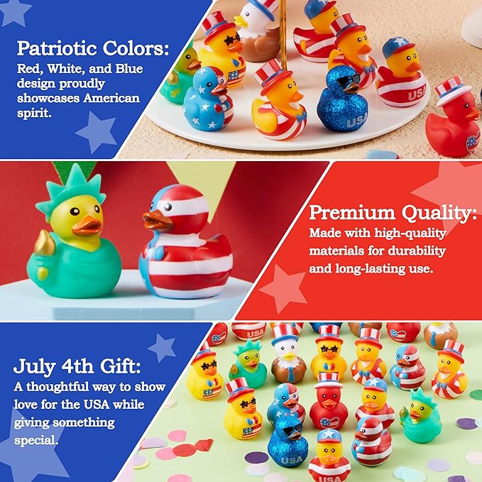 JOYIN 24 Pcs Patriotic Rubber Ducks, Red White Blue 4th of July Bulk Ducks with 8 Designs, Independence Day Duck with Flag Prints, Patriotic Party Favor Gift Bath Toy Supply for Kids Toddlers