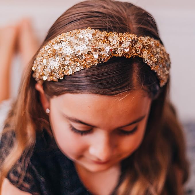 FROG SAC Sequin Knot Headband for Girls - Gold Knotted Head Bands for Kids, Sparkly Little Girl Headbands, Cute Tween Beaded Hair Band Accessories, Easter Basket Fillers Stocking Stuffers