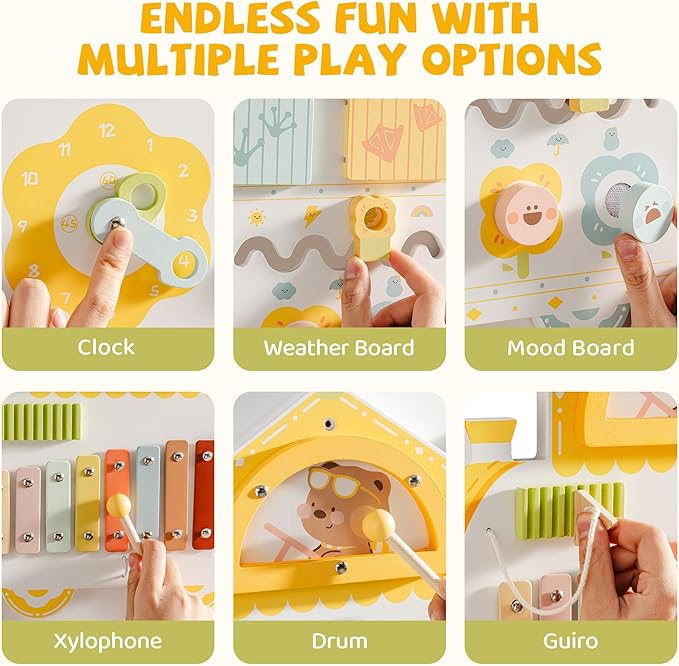 ROBUD Activity Wall Busy Board, Spring Train Montessori Busy Board, 12-in-1 Wooden Sensory Wall Panel, Montessori Sensory Wall Panel for Boys & Girls, Ideal for Toddler Playroom Nursery Classroom