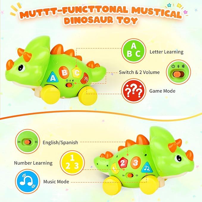 Musical Dinosaur Toys for Baby, Toddler Crawling Toys with Light & Sound, Educational Toy Birthday Gift for Infant 1 2 Year Old Boys Girls