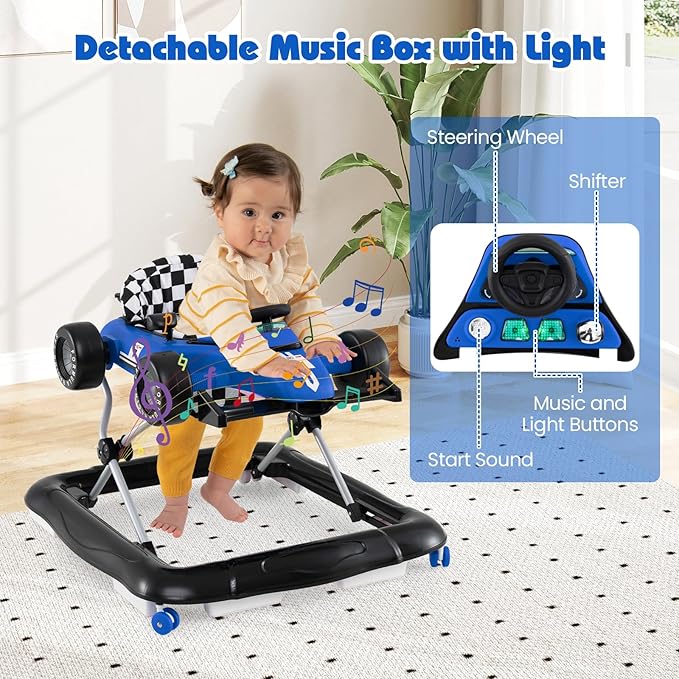 HONEY JOY Baby Walker, 4-in-1 Foldable Infant Activity Push Walker, Toddler Car Walker with Adjustable Heights, Music, Lights, Padded Seat, Baby Walker with Wheels for Boys Girls 6-18 Months (Blue)