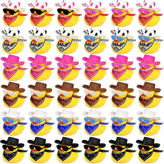 36 Sets Cowboy Ducks with Mini Hat Scarf and Sunglasses Mini Bath Duck Toys for Birthday Swimming Party Gift Favor Decorations