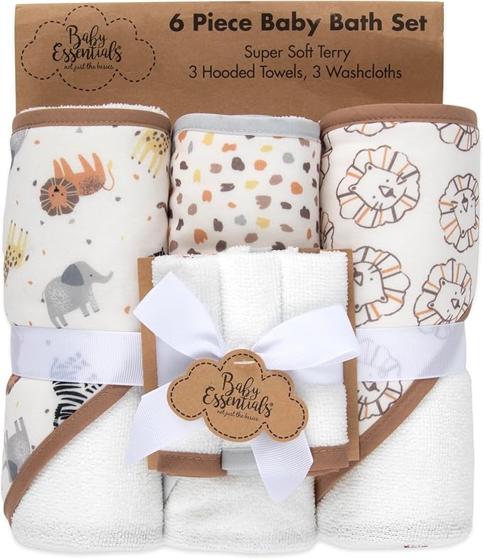 Baby Bath Essential Hooded Baby Bath Towel and Washcloth 6 Piece Set for Newborns, Infants & Toddlers, Boys & Girls Baby Hooded Towels Set (Safari Animals)