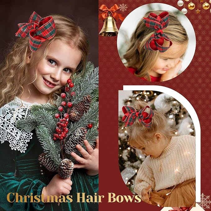 Oaoleer 2PCS Christmas Hair Bows for Girls, Red Plaid Bows Hair Alligator Clips Hair Barrettes for Baby Girls Infants Toddlers Kids Teens Children