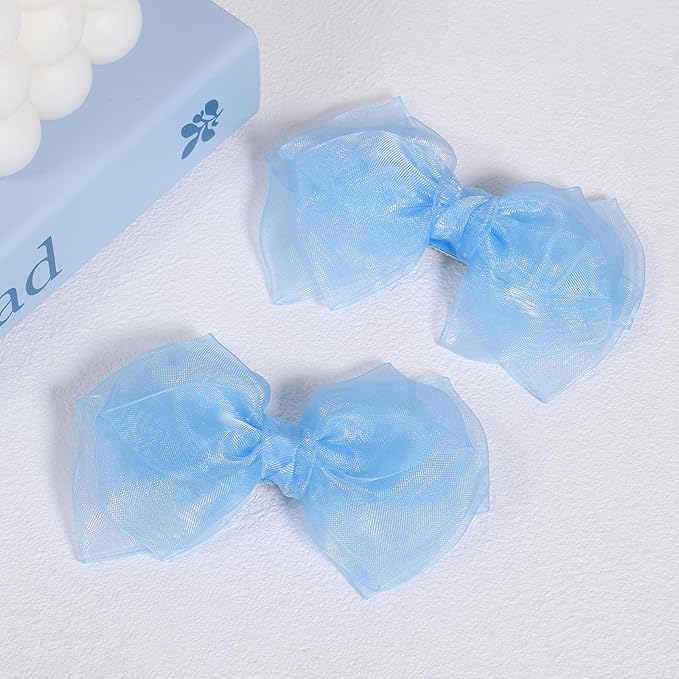 Blue Ribbon Hair Bows 4" Mesh Organza Hair Bow Alligator Clips Barrettes Ponytail Holder Decor Accessories for Women Girls Toddlers Teens Kids Children Back School Gift Set