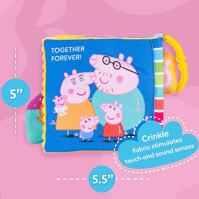 Kids Preferred Peppa Pig Soft Book with Ribbons, Teether Corner, Squeaker, Crinkle Pages, Flaps, On-The-Go Clip, Ages 0 Months and Up, 6.5 inches