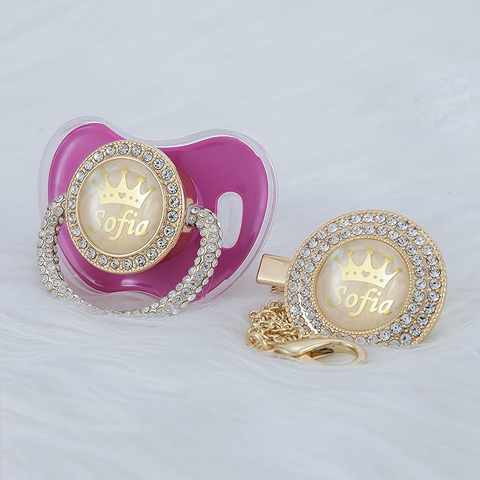 Personalized Name Anniversary All Bling Pacifier and Clip Set Gold Plated New Born Gift Photography No for Daily Use (Rose Red)