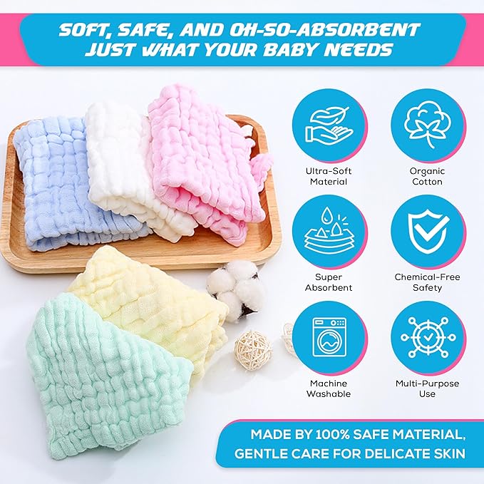 10 Pack Soft Muslin Unisex Baby Washcloths for Daily Use, 100% Cotton Set for Delicate Skin. Soft and Super Absorbent, Newborn Baby Essentials and Baby Registry,12x12 Inches (Pink)