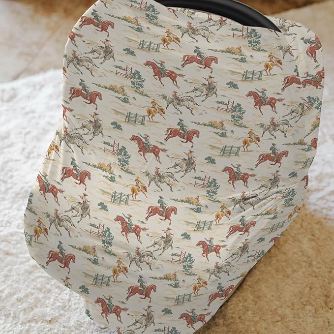 Vintage Western Cowboy Baby Car Seat Covers Retro Cowboy Horse Plant Stretchy 5-in-1 Cover Adjustable Infant Carseat Canopy Cover Wild Desert Country Breathable Nursing Cover-Up