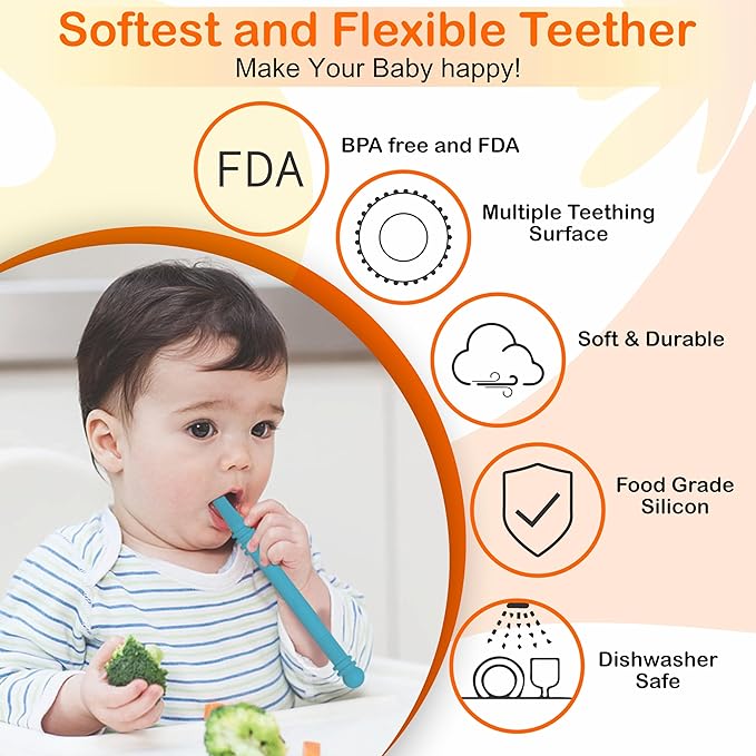 Baby Teether Tubes - Pack of 4 Hollow Teething Sticks with 1 Cleaning Brush & Toothbrush - 100% Food Grade Silicone, BPA Free, and Dishwasher Safe - 4 Vibrant Colors for 6-18 Months Babies